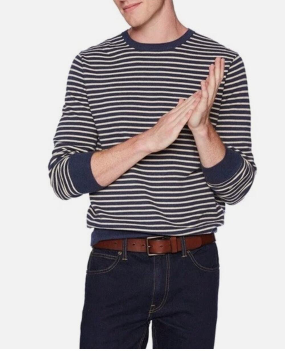 J.Crew Mercantile Men’s Large Blue White Striped 100% Cotton Crewneck Sweater